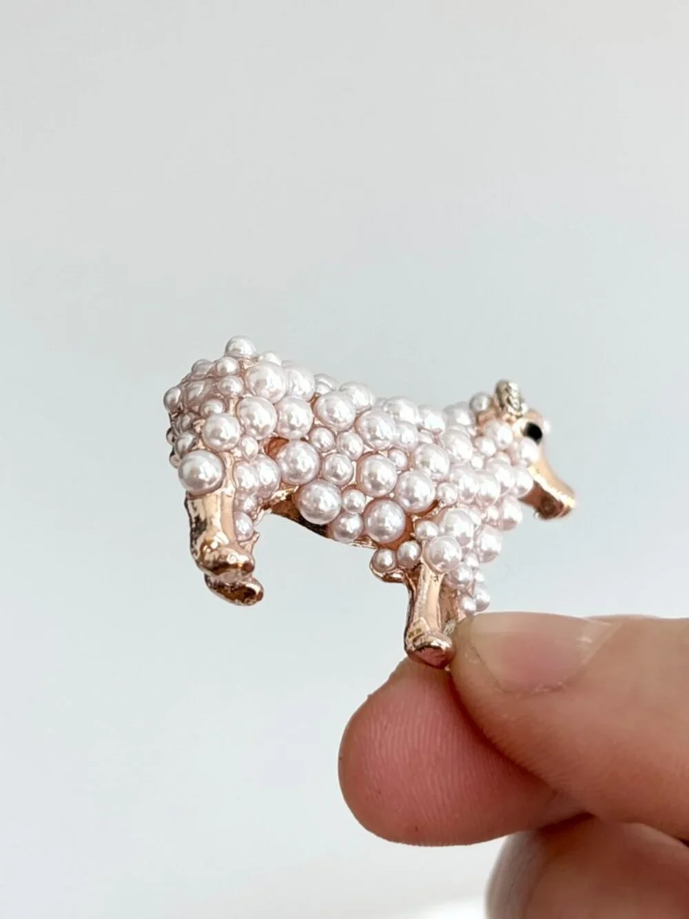Sheep Figural Faux Pearl Accented Gold Toned Vintage Inspired Brooch Pin